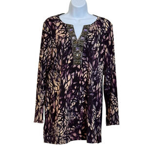 Chico’s Tunic Top Size 2 (L/12) – Purple Grey Jewel Neck Boho Glam Statement Top